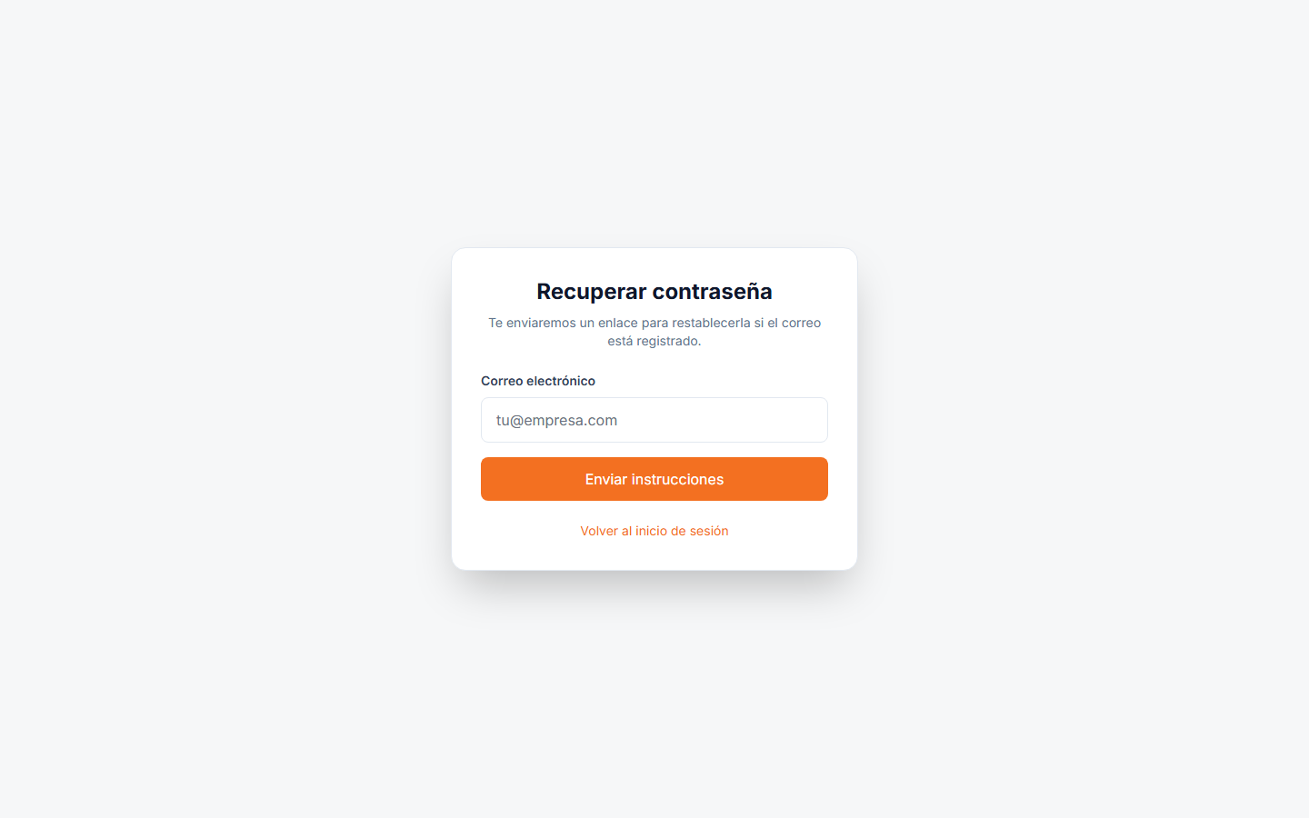Pantalla de recuperación de contraseña con campo de correo