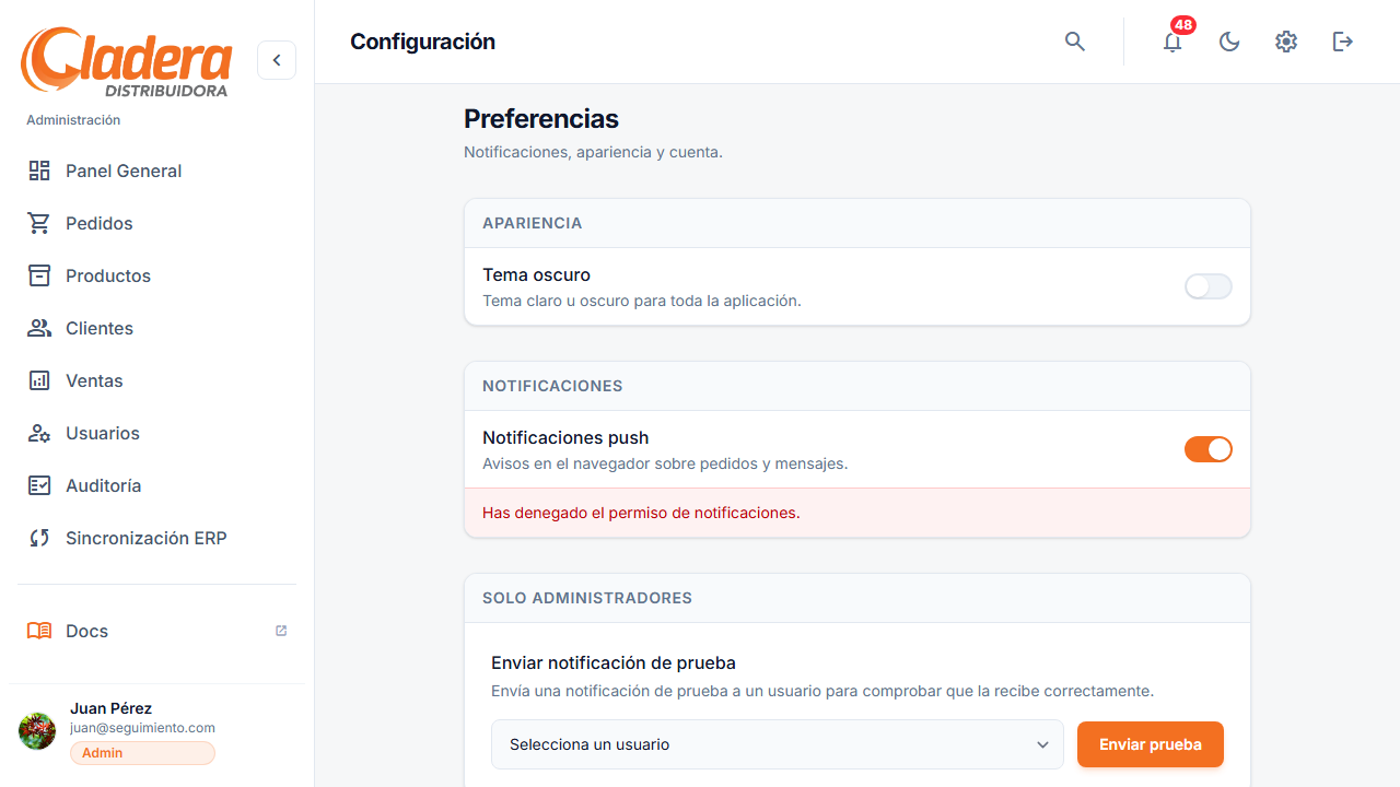 Configuración — tema oscuro