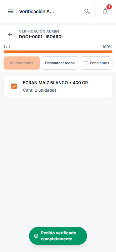 Verificación admin — progreso completo